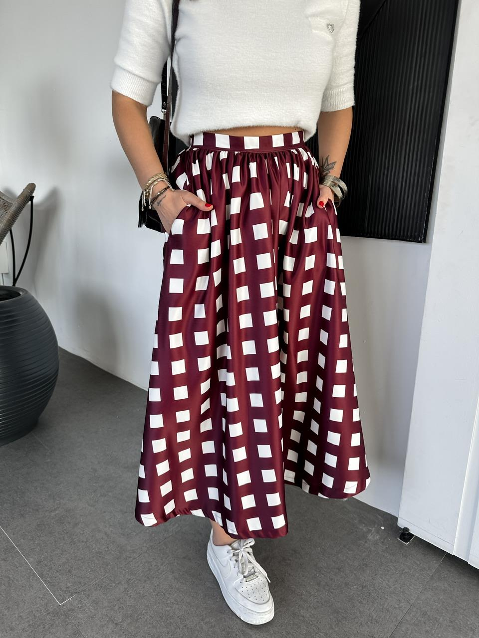 Bordo Geometrik Desenli Cepli Etek