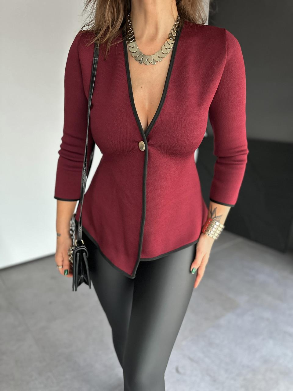 Bordo Gold Düğmeli Çelik Örme Hırka