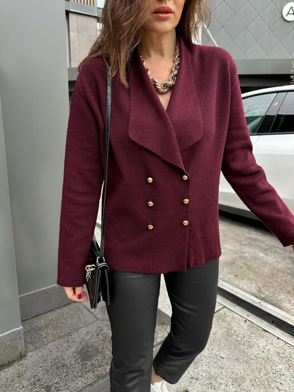 Bordo Gold Düğmeli Şık Hırka