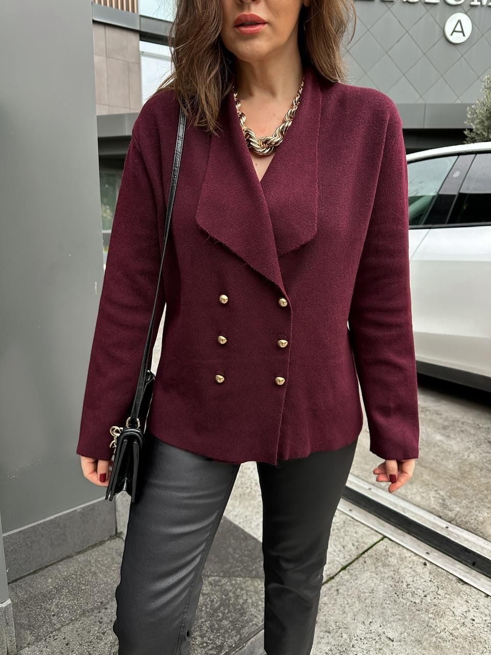 Bordo Gold Düğmeli Şık Hırka