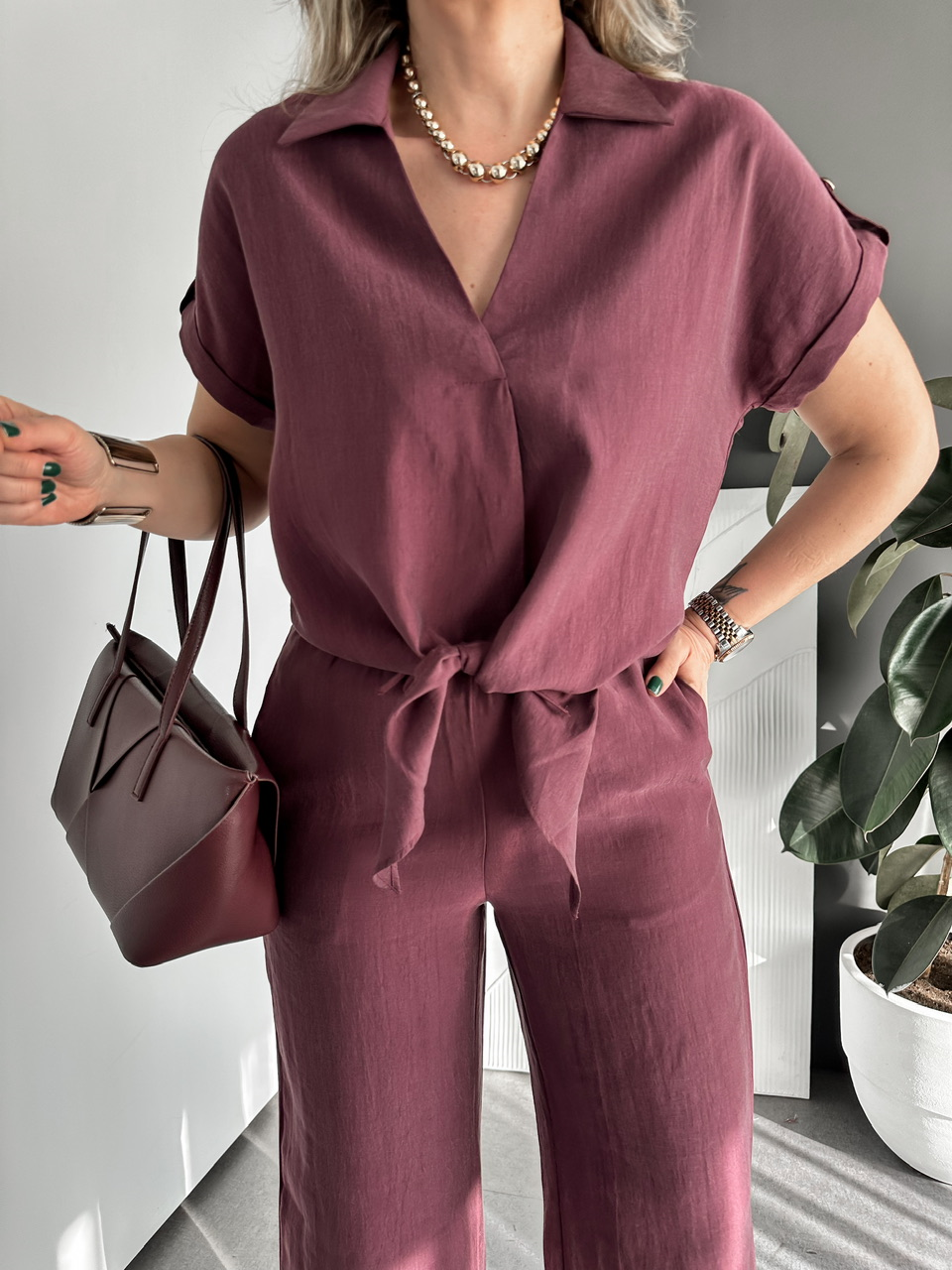 Bordo Gömleği Bağlamalı Premium Takım
