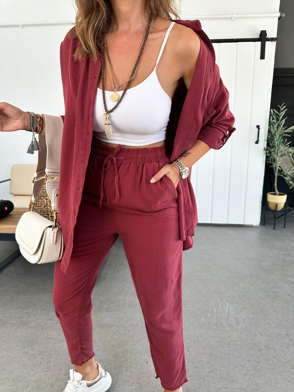 Bordo Gömlek Cotton Takım