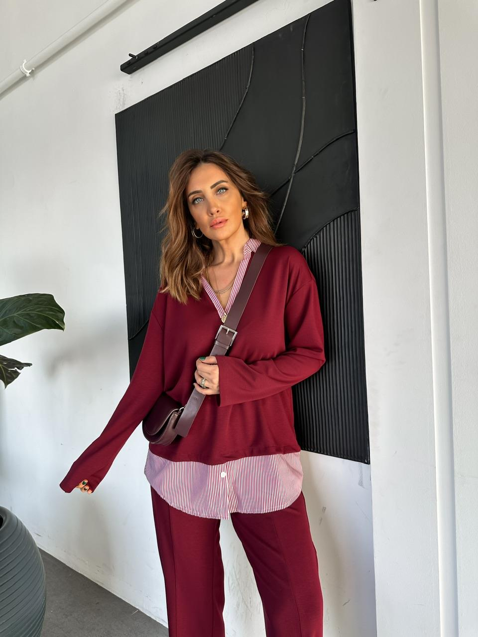 Bordo Gömlek Detaylı Modal Takım