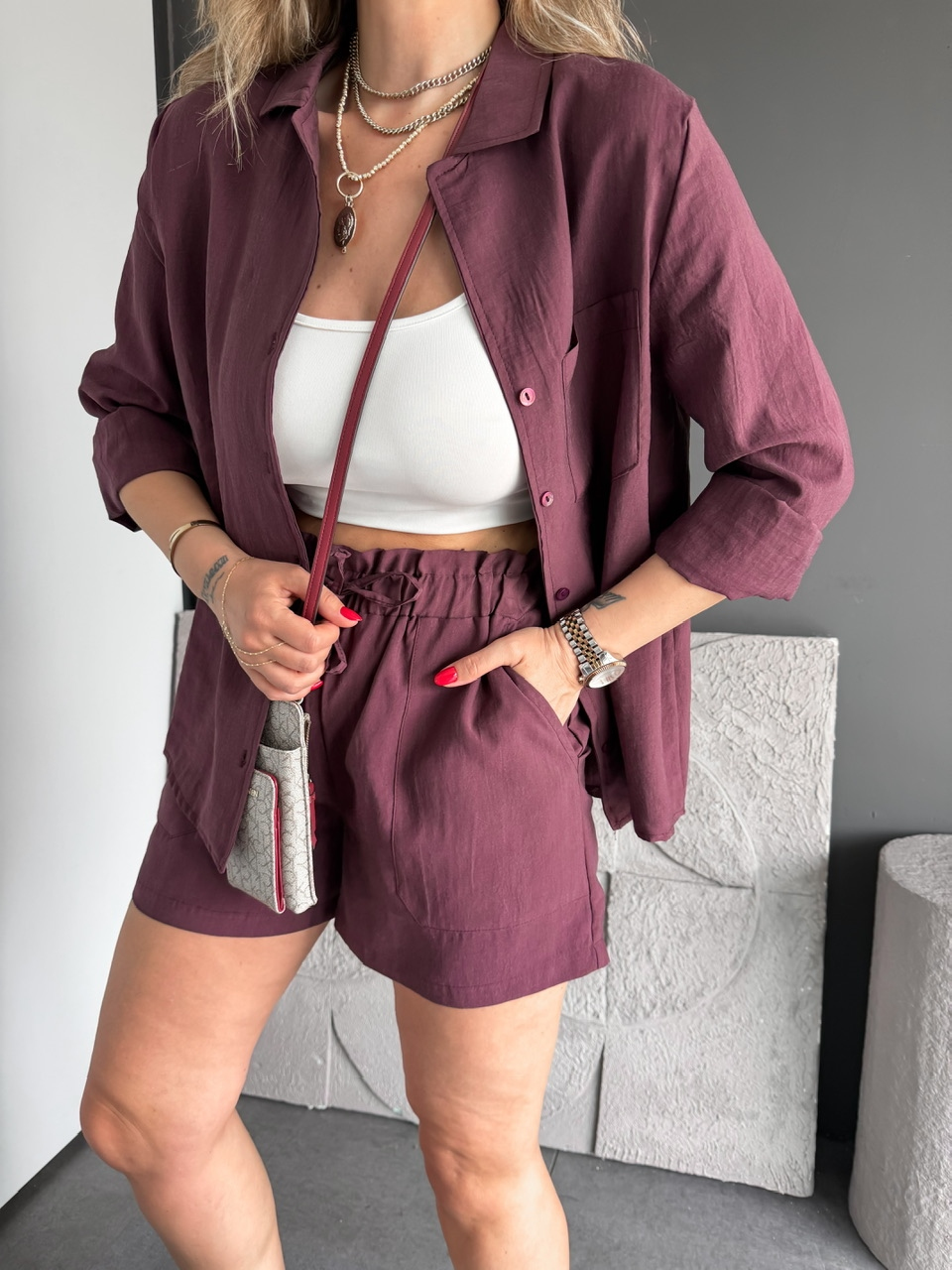 Bordo Gömlek Şortlu Zr Tensel Takım