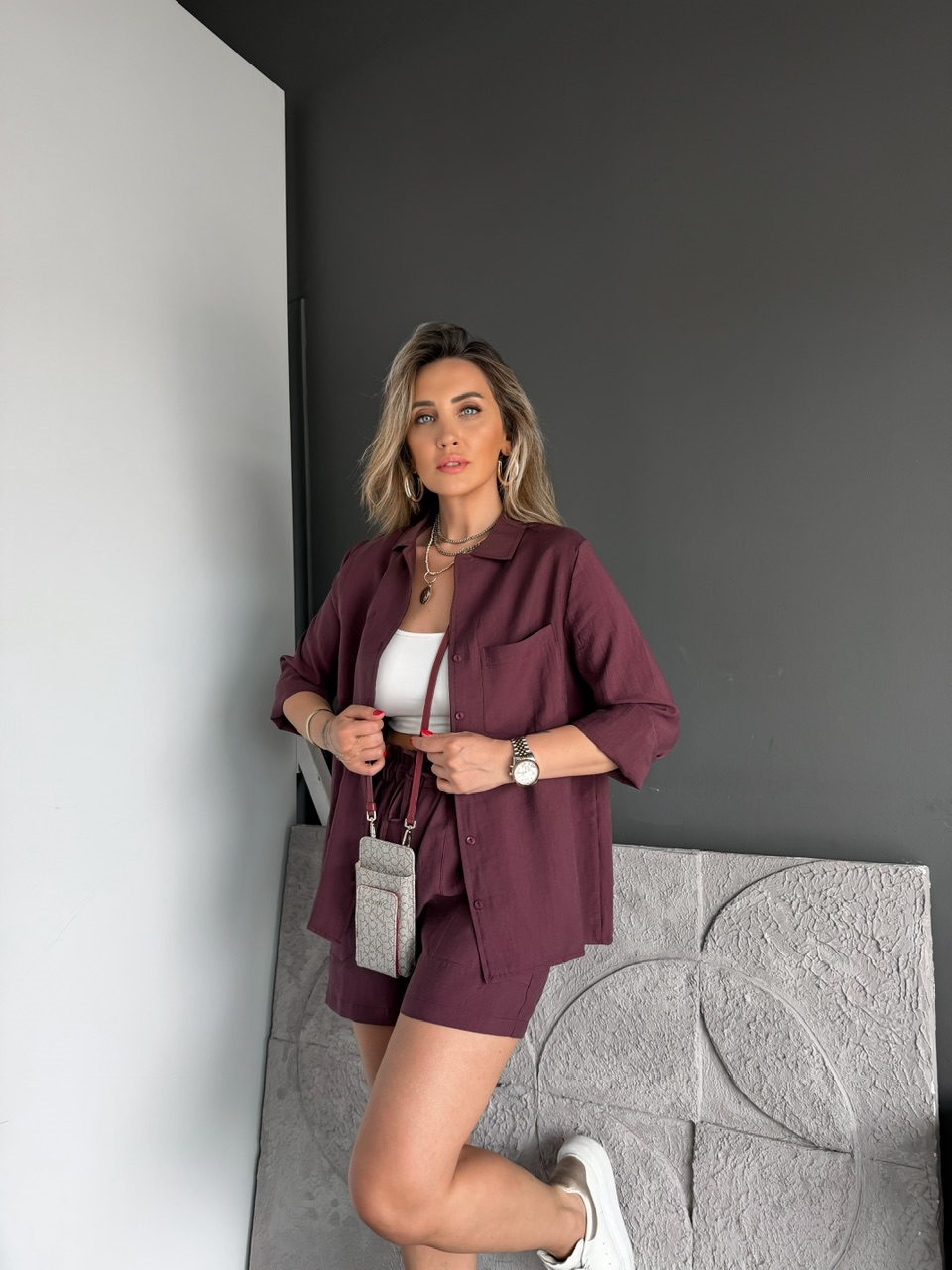 Bordo Gömlek Şortlu Zr Tensel Takım