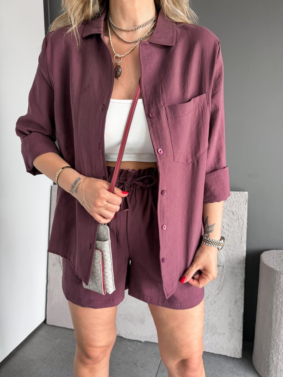 Bordo Gömlek Şortlu Zr Tensel Takım