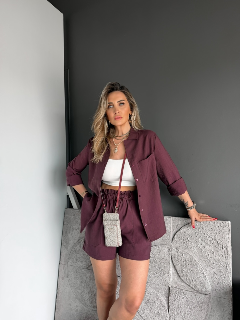 Bordo Gömlek Şortlu Zr Tensel Takım