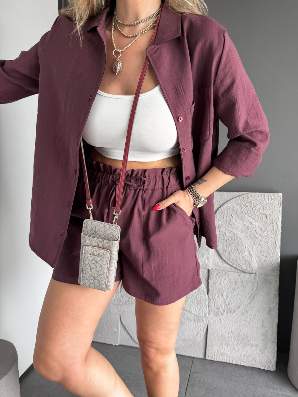 Bordo Gömlek Şortlu Zr Tensel Takım