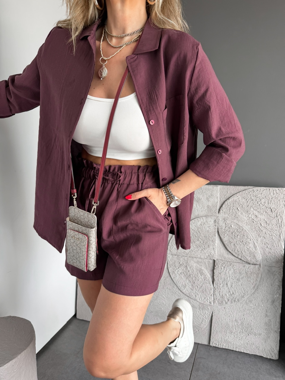 Bordo Gömlek Şortlu Zr Tensel Takım