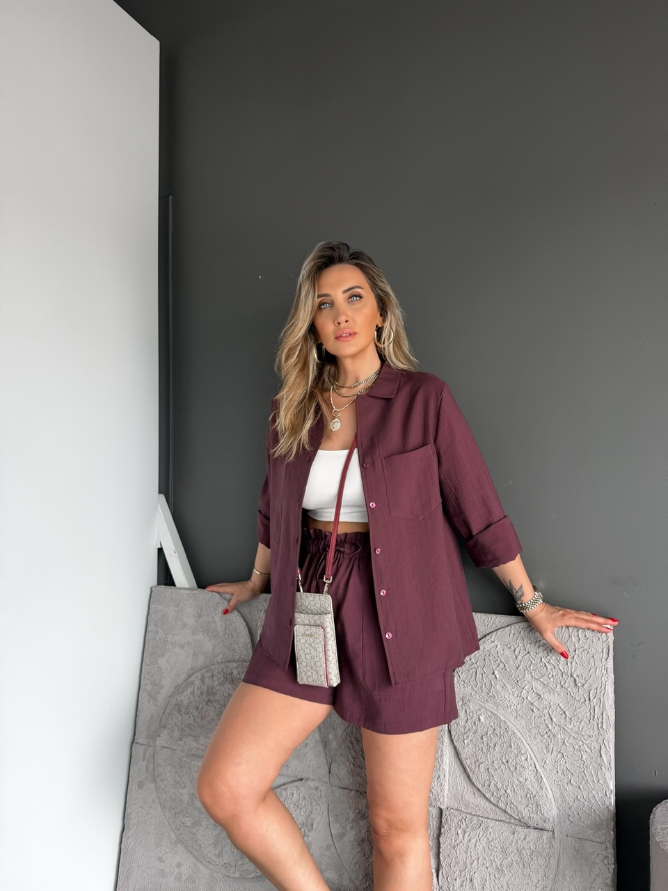 Bordo Gömlek Şortlu Zr Tensel Takım
