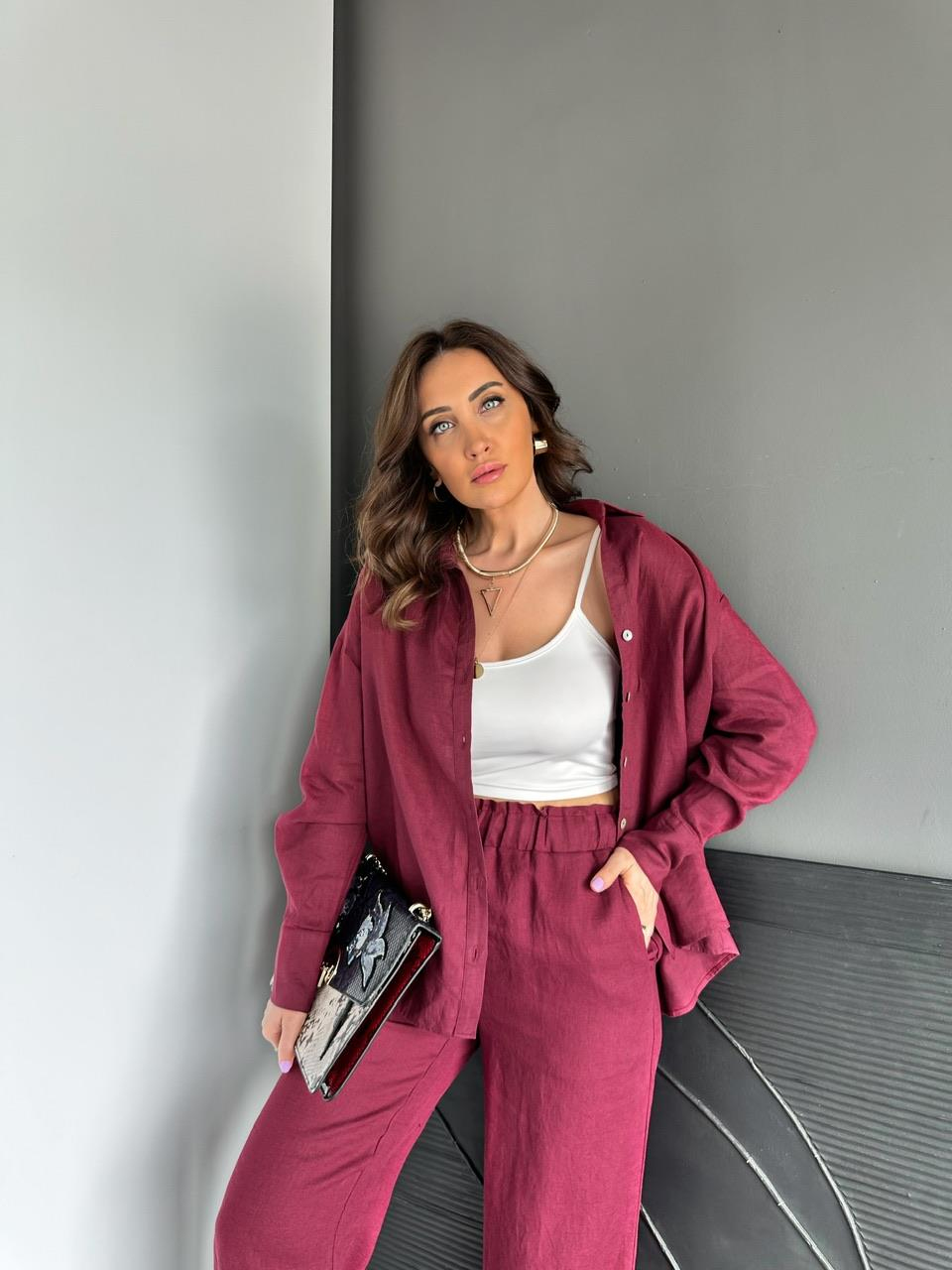 Bordo Ham Keten Orijinal Gömlek