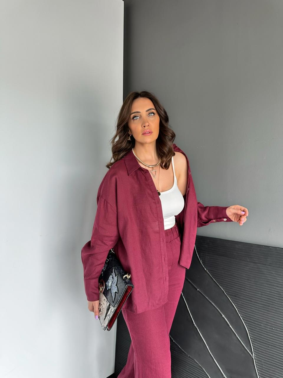Bordo Ham Keten Orijinal Gömlek
