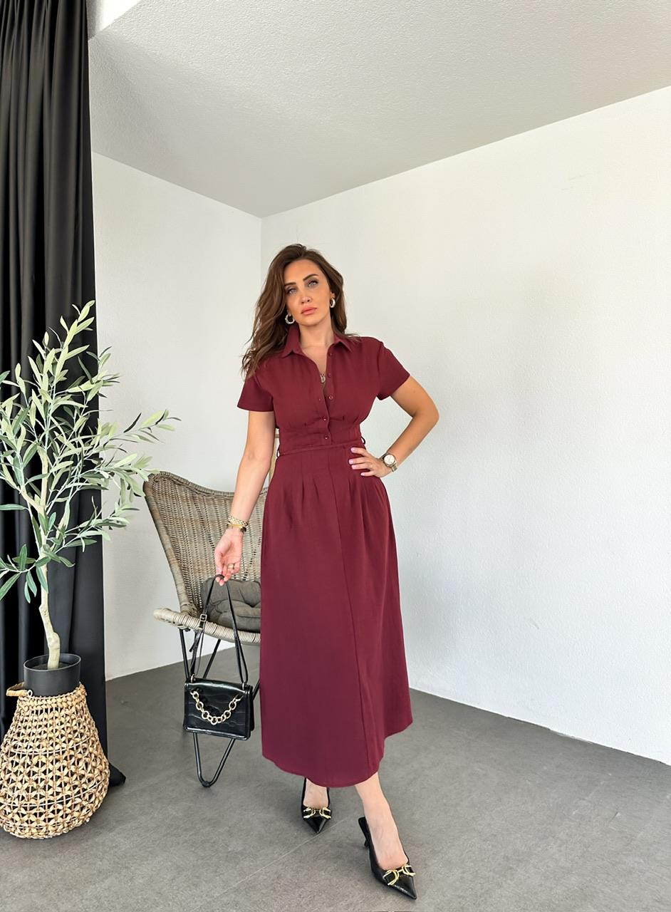 Bordo İpli Pensli Keten Elbise
