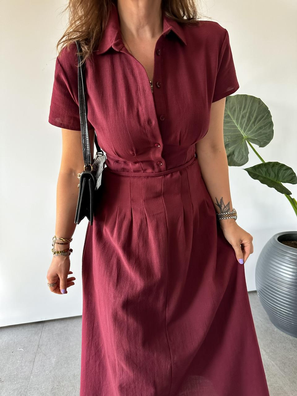 Bordo İpli Pensli Keten Elbise