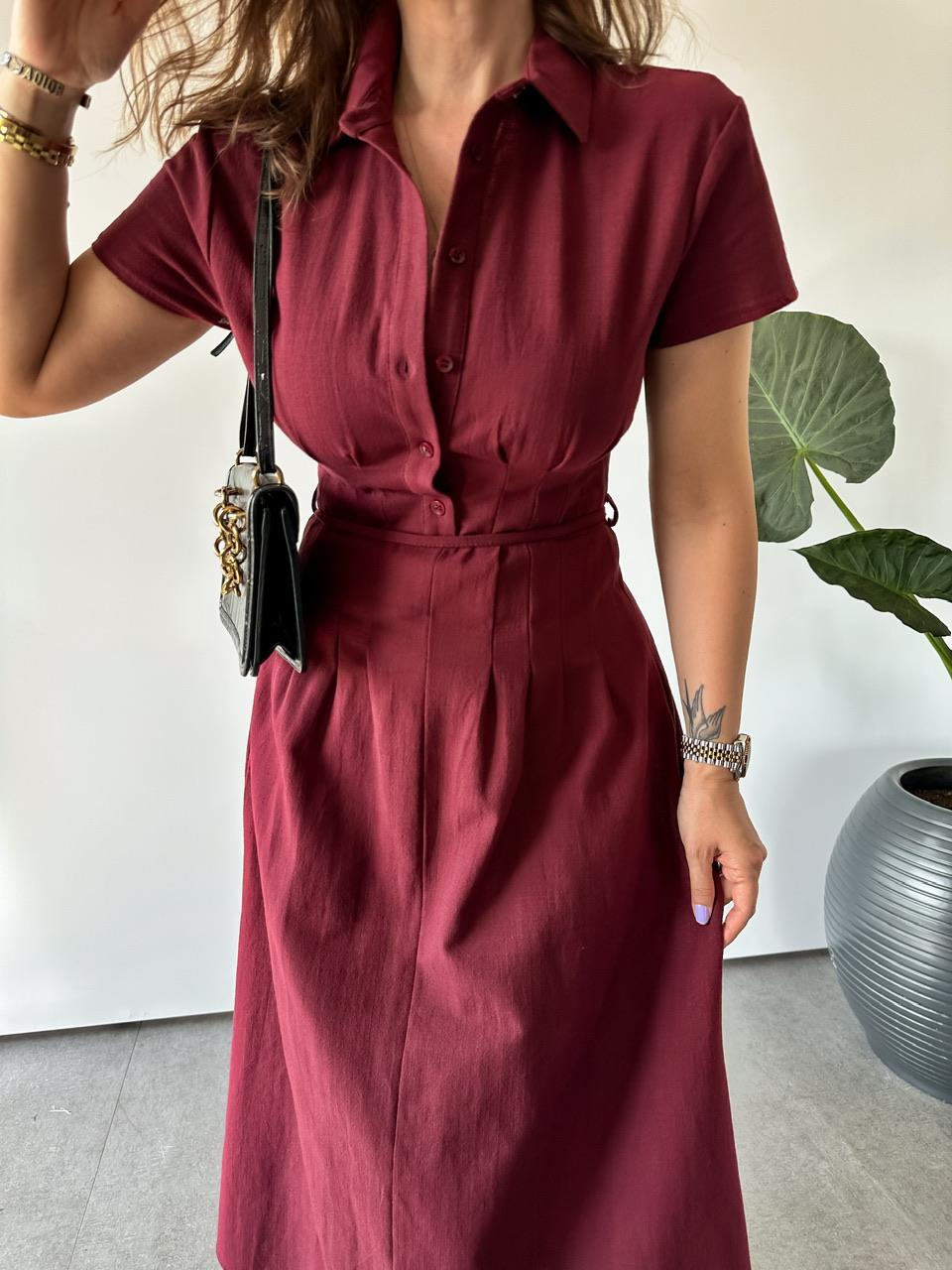 Bordo İpli Pensli Keten Elbise