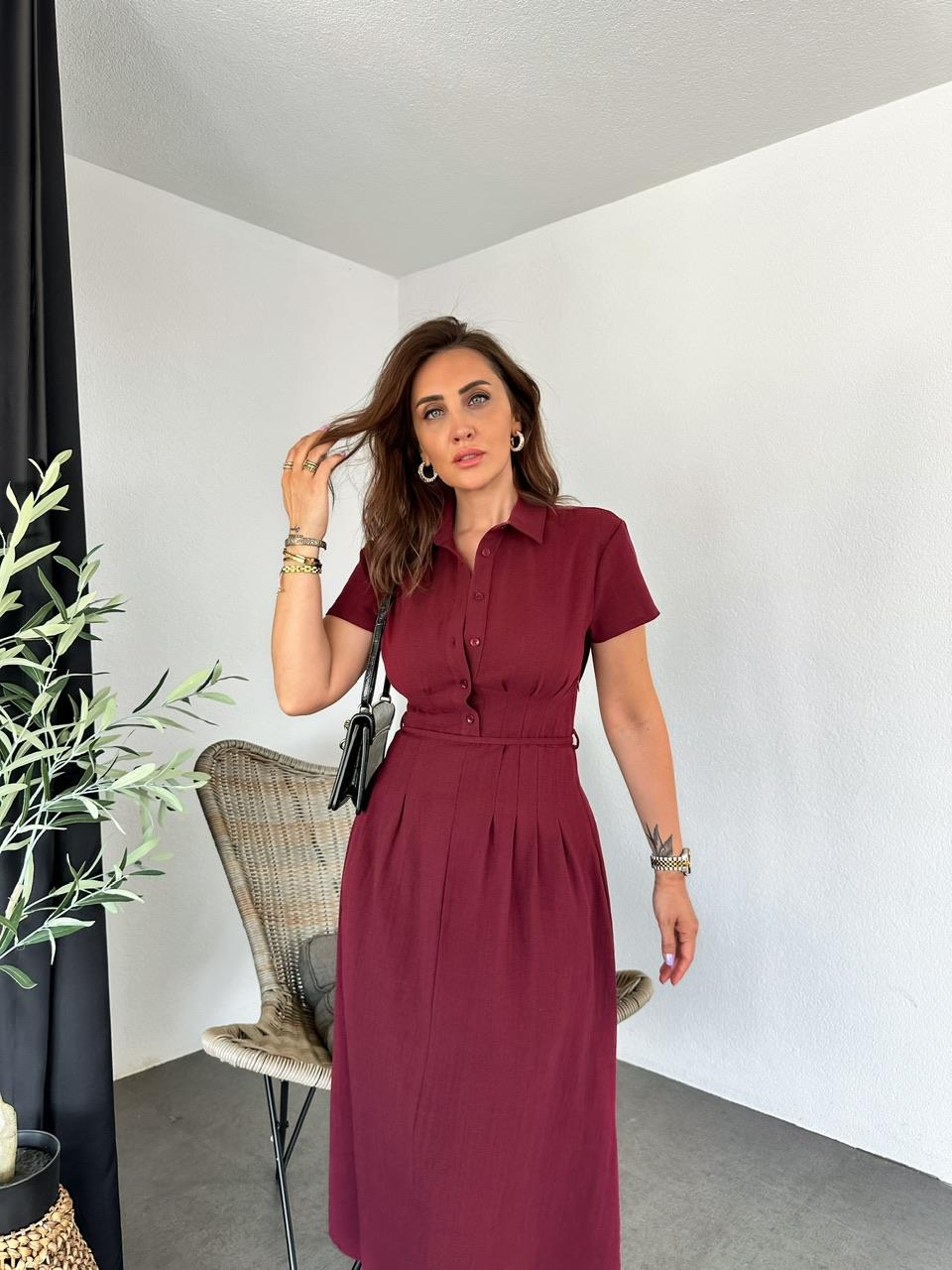 Bordo İpli Pensli Keten Elbise