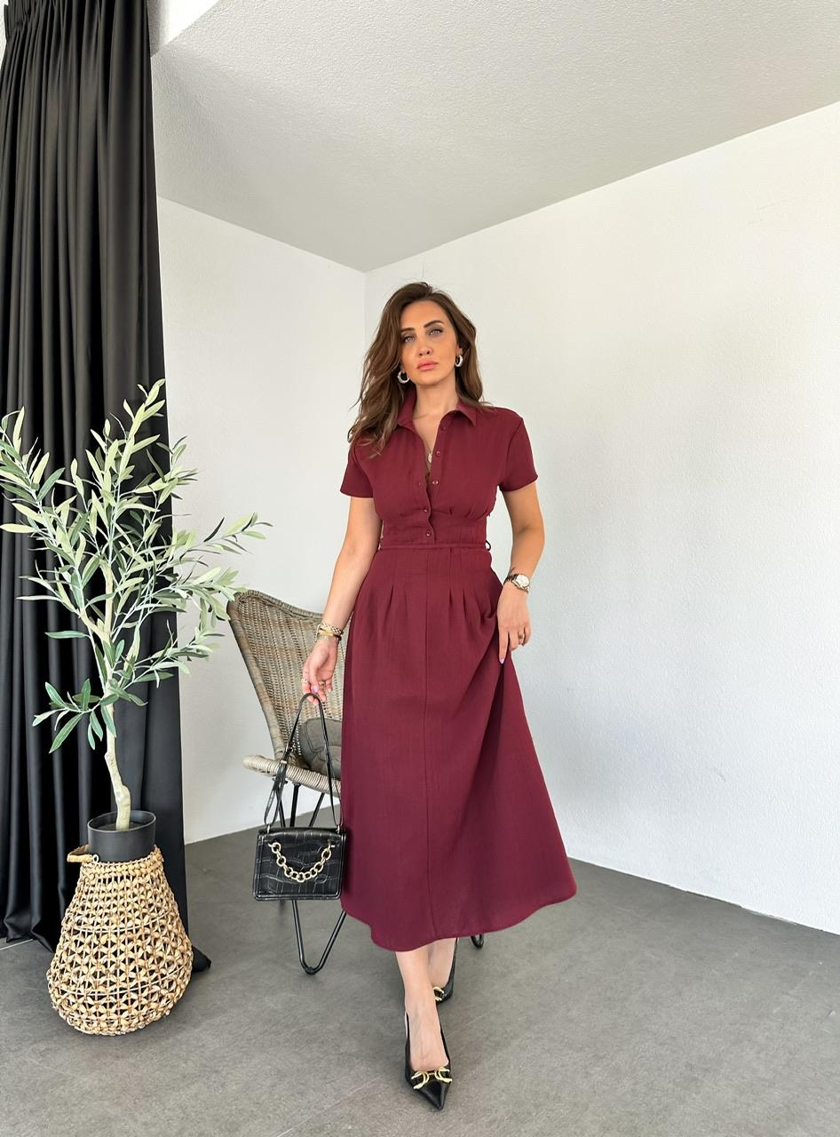 Bordo İpli Pensli Keten Elbise