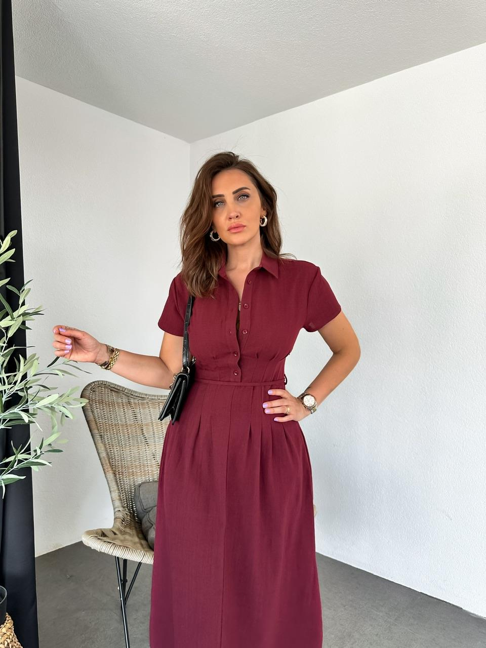 Bordo İpli Pensli Keten Elbise