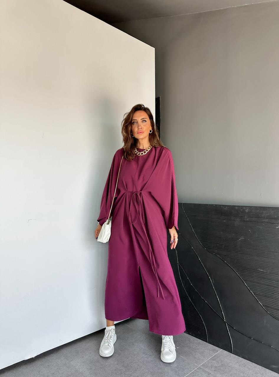 Bordo İpli Yırtmaçlı Fermuarlı Elbise
