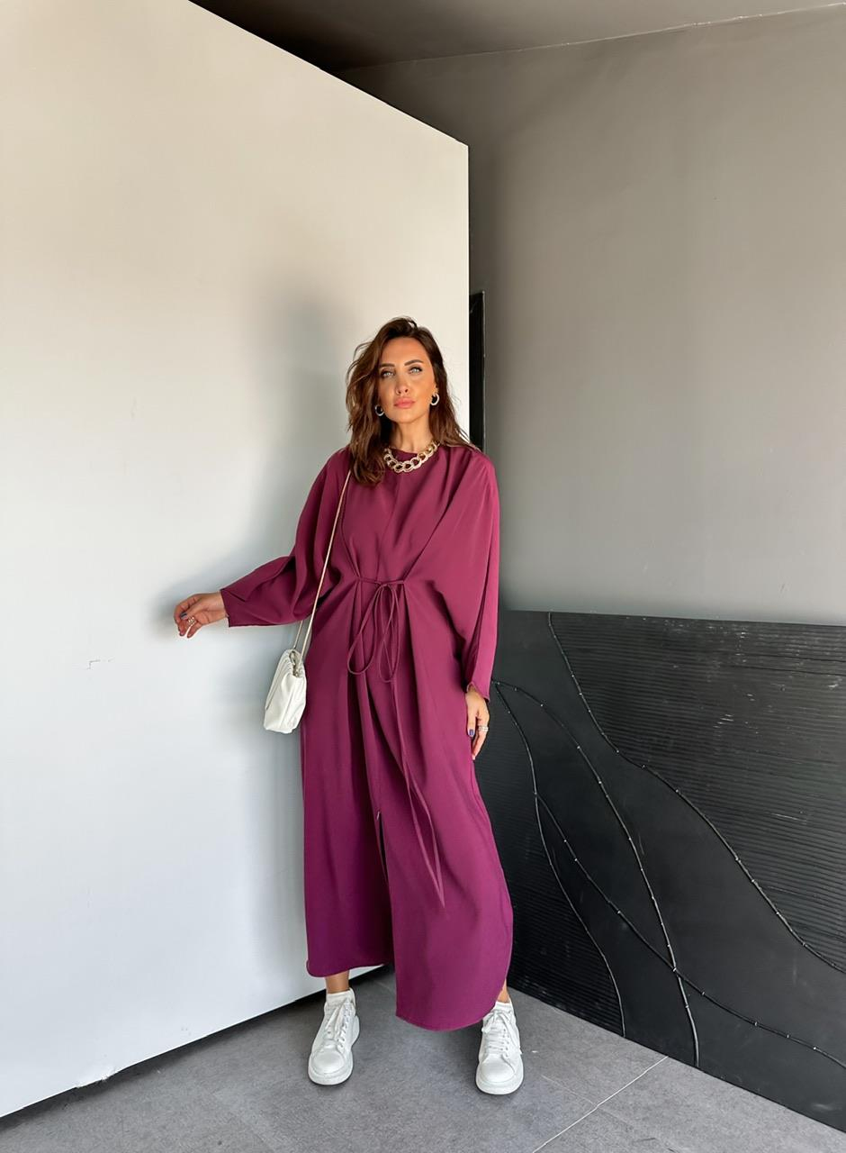 Bordo İpli Yırtmaçlı Fermuarlı Elbise