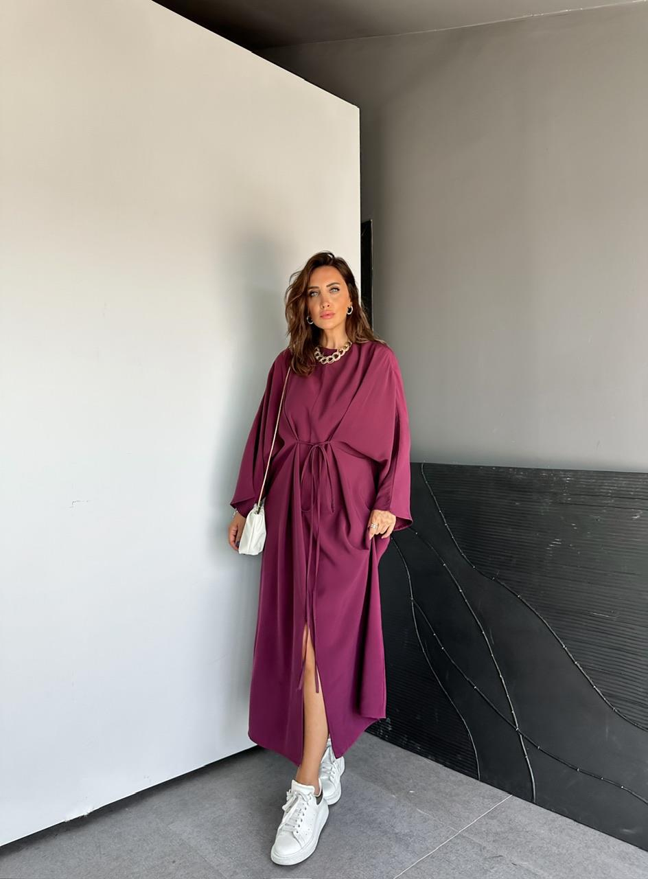 Bordo İpli Yırtmaçlı Fermuarlı Elbise