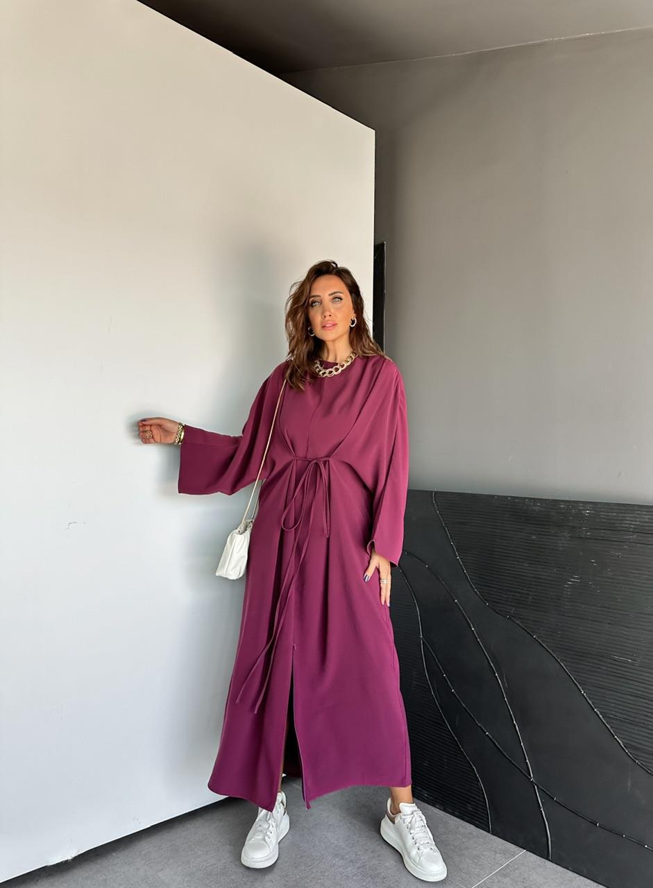 Bordo İpli Yırtmaçlı Fermuarlı Elbise