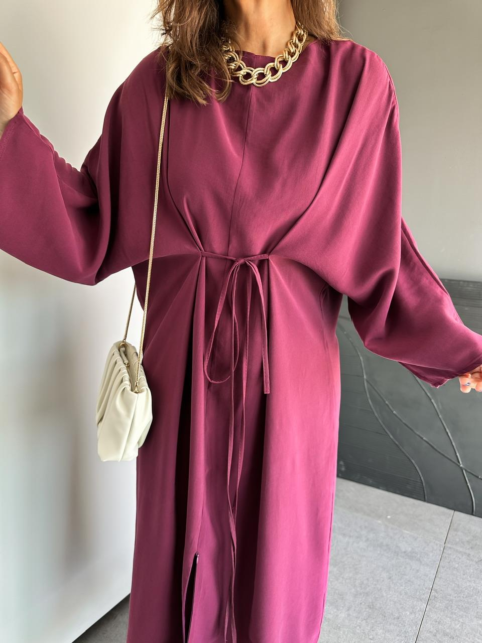 Bordo İpli Yırtmaçlı Fermuarlı Elbise