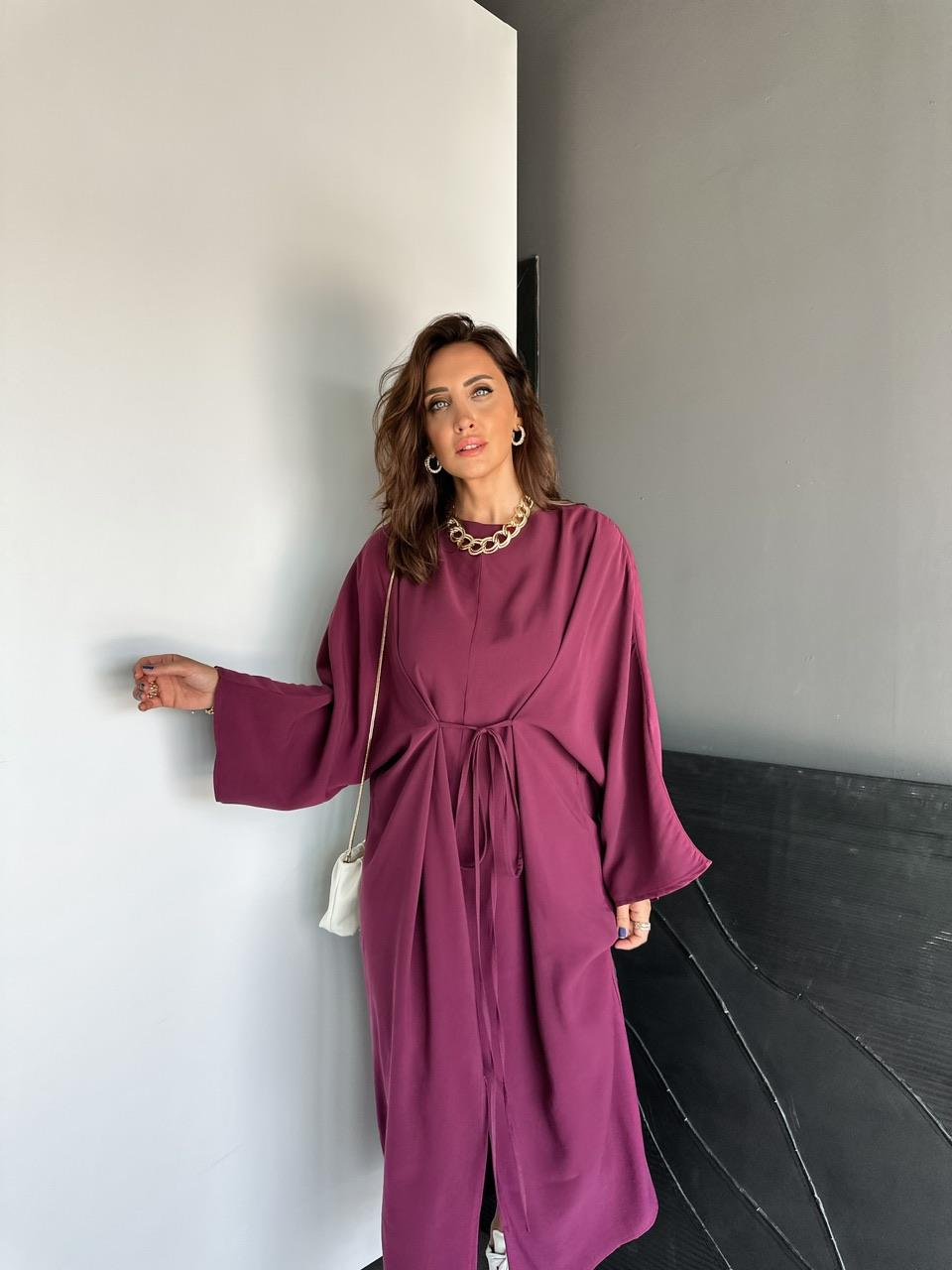 Bordo İpli Yırtmaçlı Fermuarlı Elbise