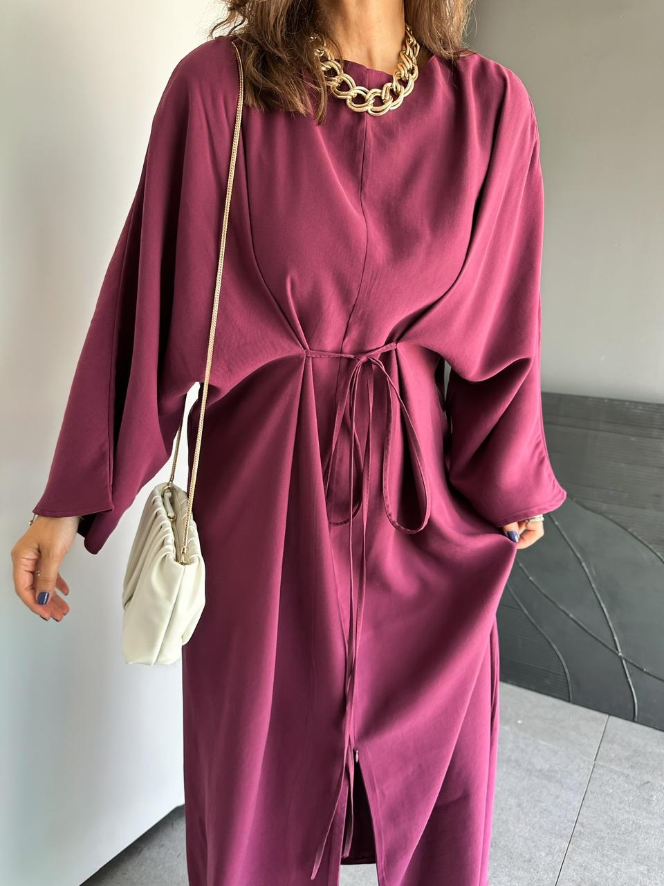 Bordo İpli Yırtmaçlı Fermuarlı Elbise