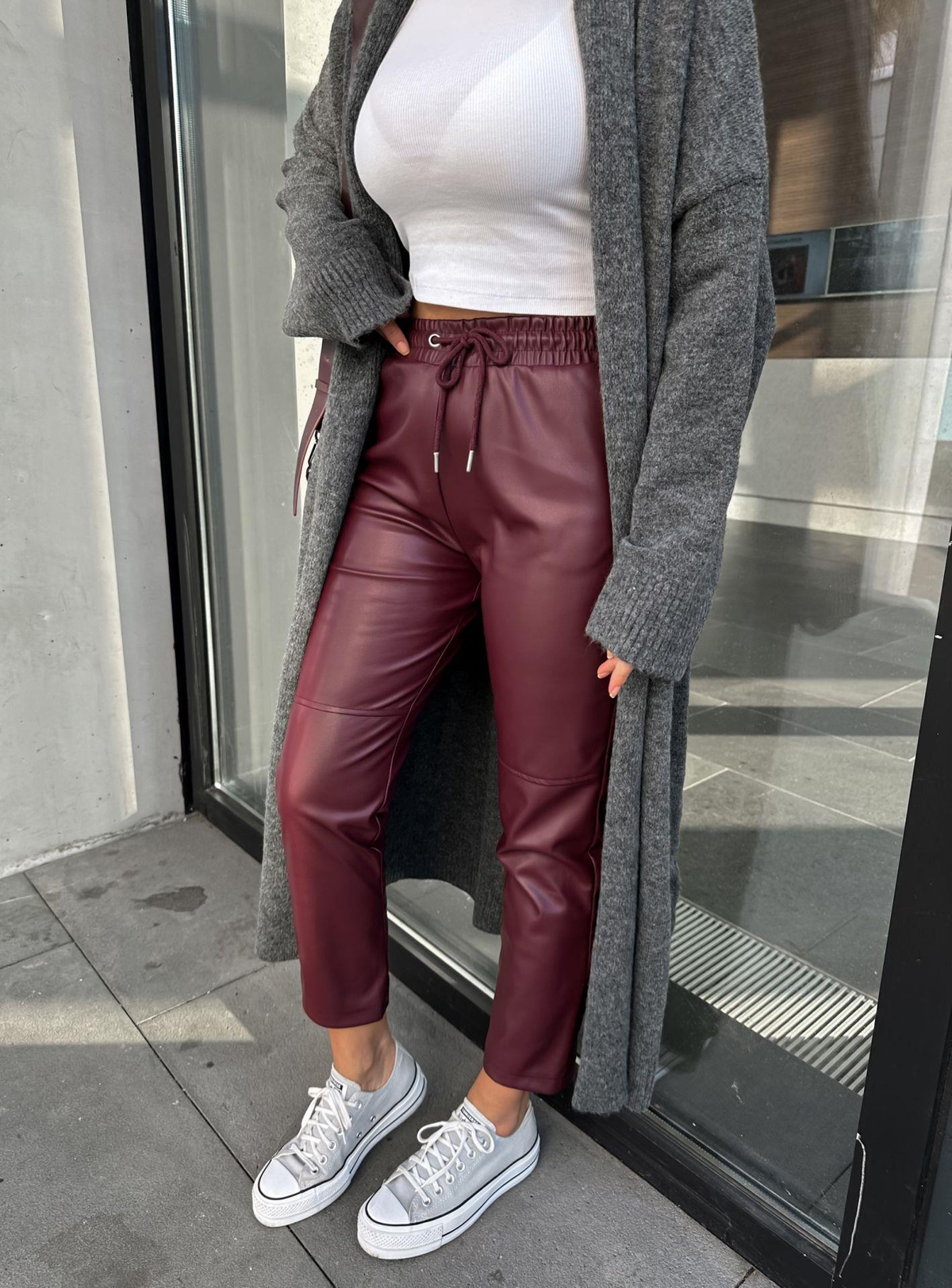 Bordo Jogger Deri Pantolon