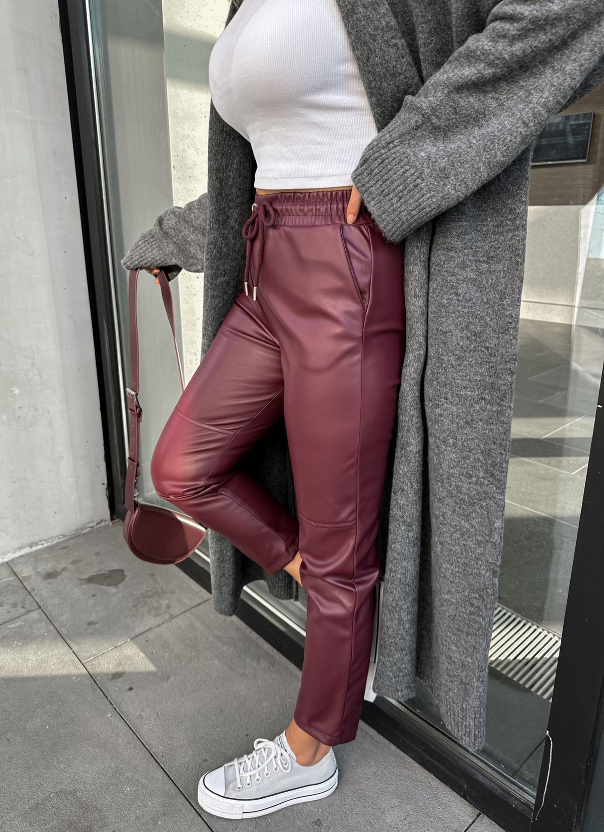 Bordo Jogger Deri Pantolon