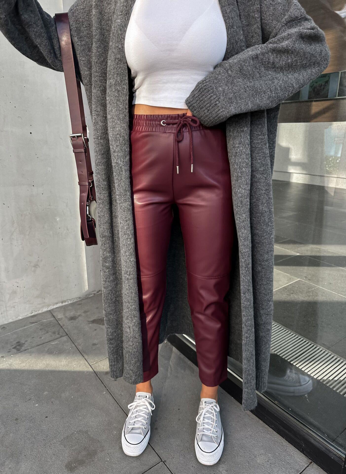 Bordo Jogger Deri Pantolon