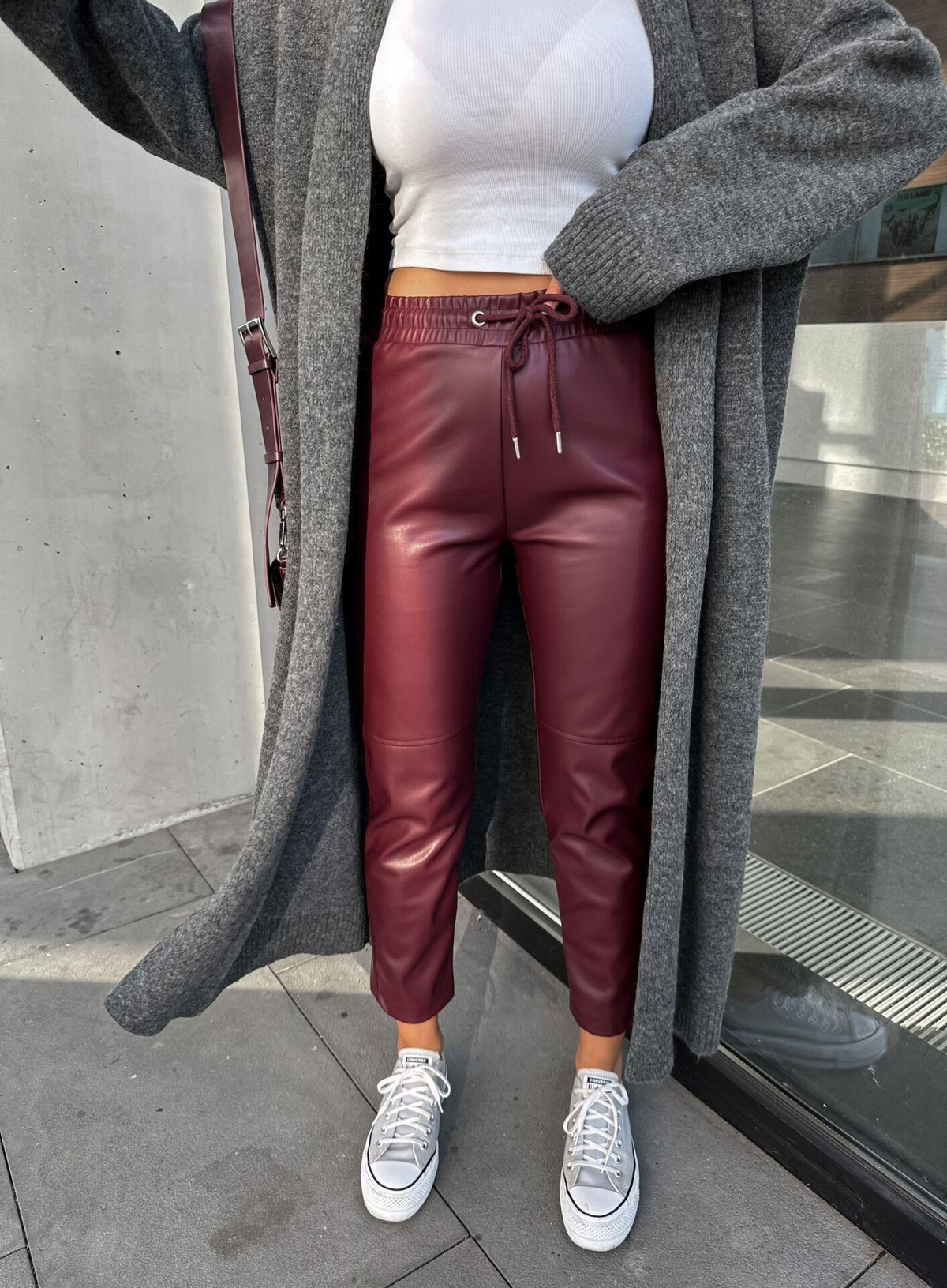 Bordo Jogger Deri Pantolon