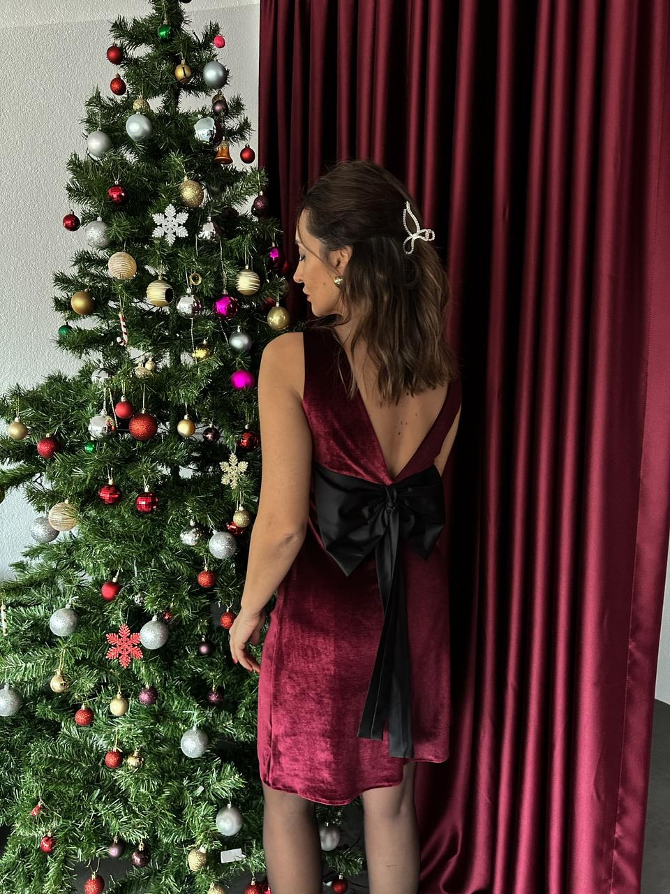 Bordo Kadife Sırtı Fiyonklu Elbise