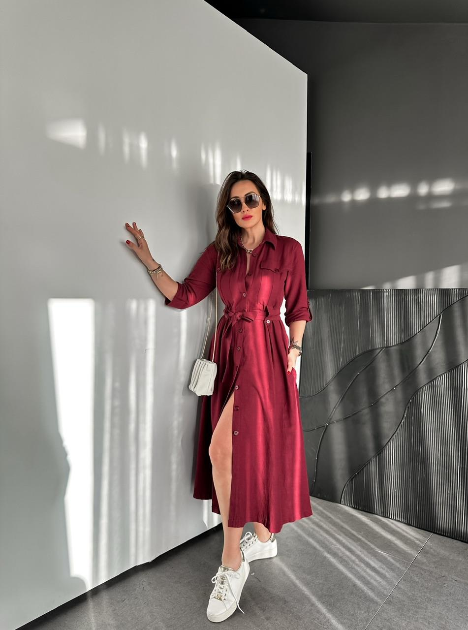 Bordo Kapak Cepli Düğmeli Safari Elbise