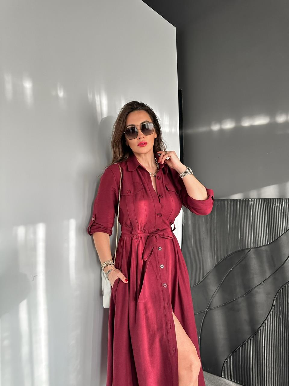 Bordo Kapak Cepli Düğmeli Safari Elbise