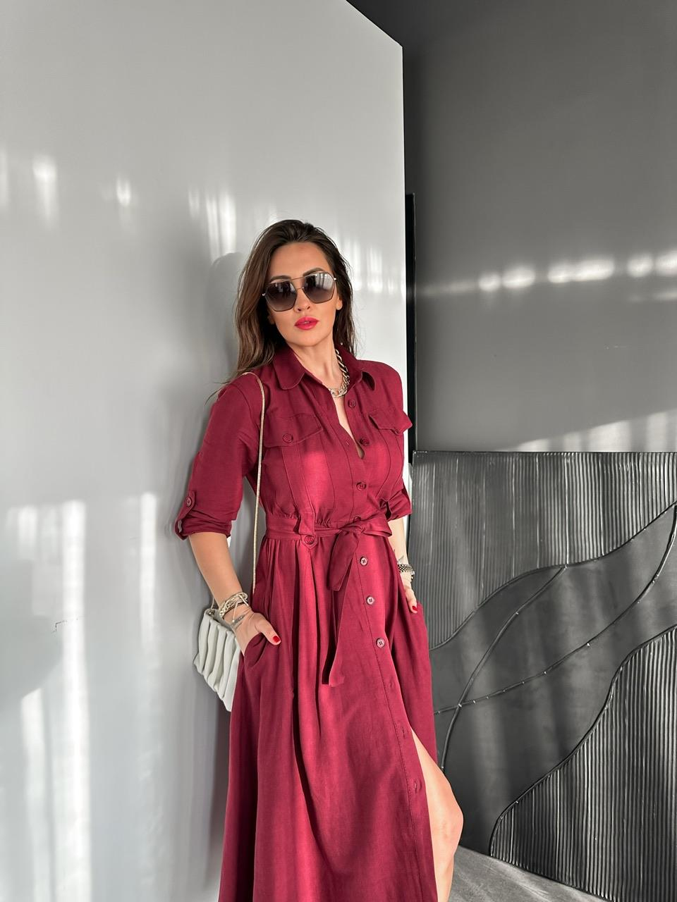 Bordo Kapak Cepli Düğmeli Safari Elbise