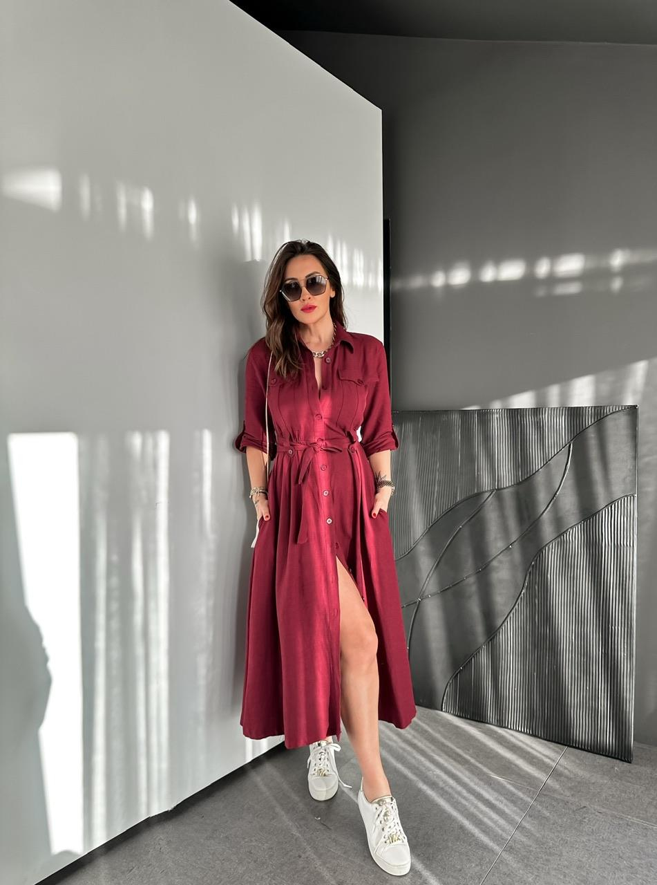 Bordo Kapak Cepli Düğmeli Safari Elbise