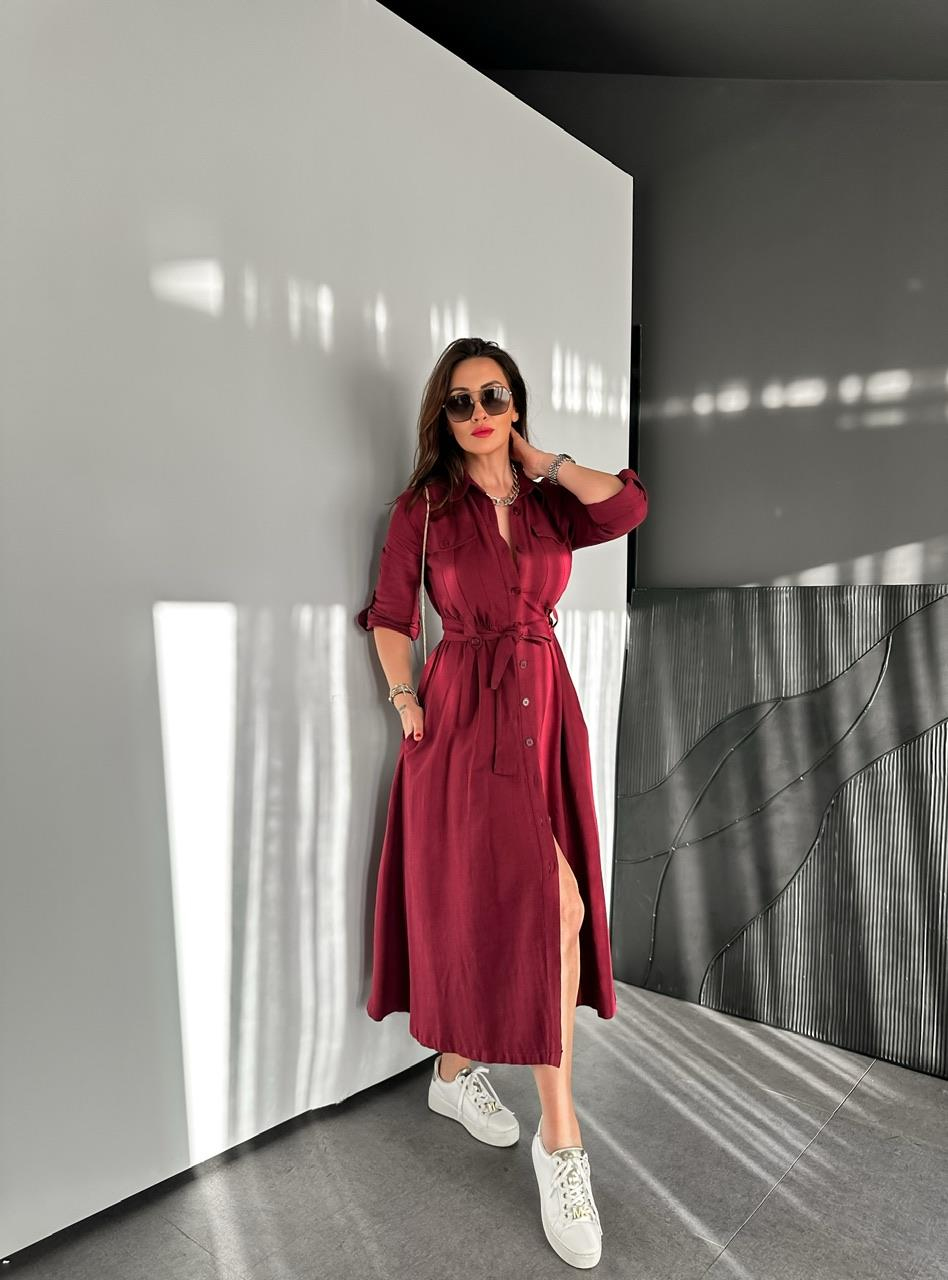 Bordo Kapak Cepli Düğmeli Safari Elbise