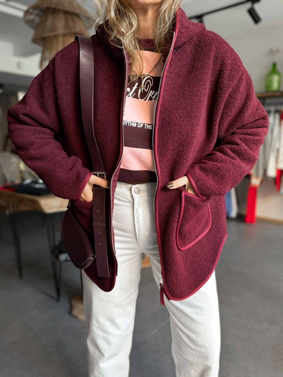 Bordo Kapşonlu Cepli Teddy Mont