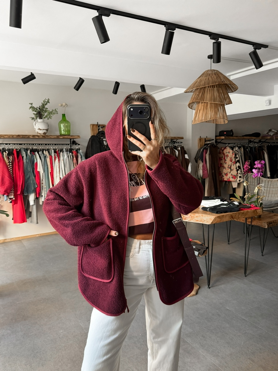 Bordo Kapşonlu Cepli Teddy Mont