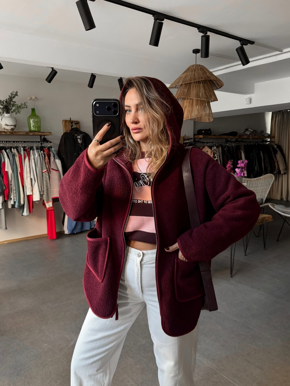 Bordo Kapşonlu Cepli Teddy Mont