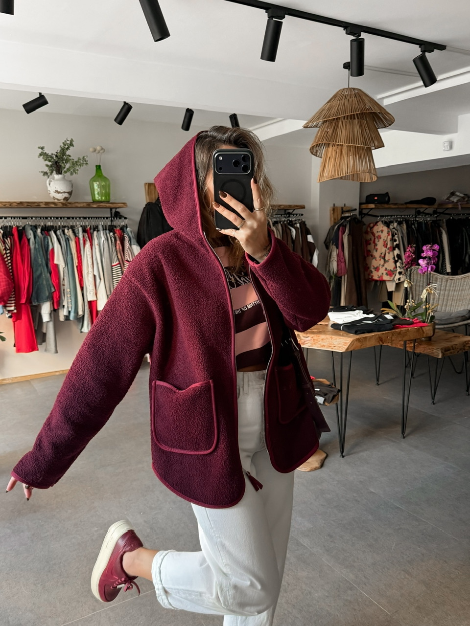 Bordo Kapşonlu Cepli Teddy Mont