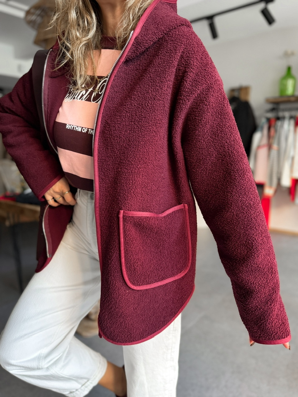 Bordo Kapşonlu Cepli Teddy Mont