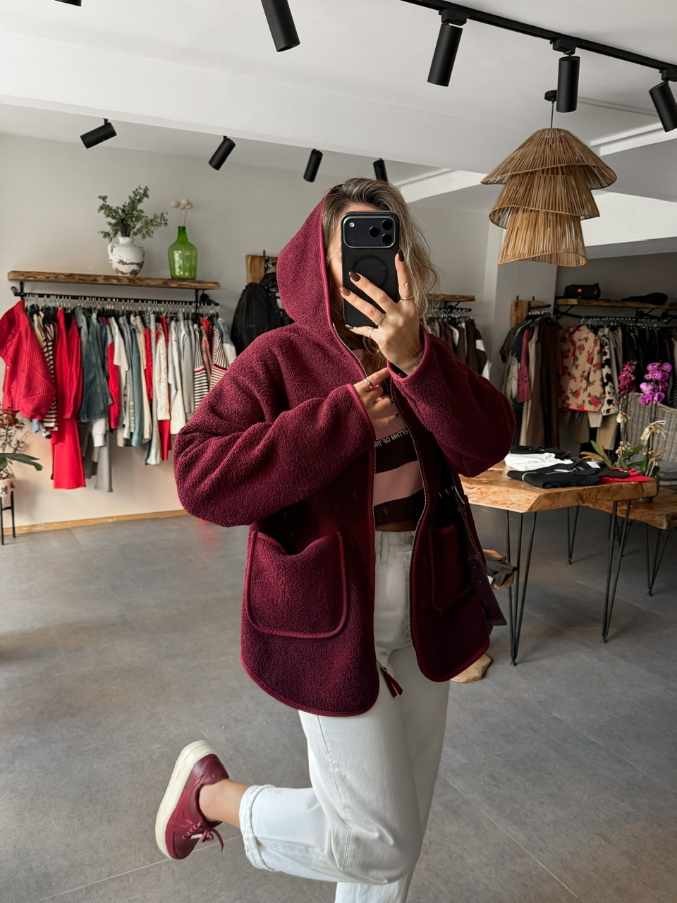 Bordo Kapşonlu Cepli Teddy Mont