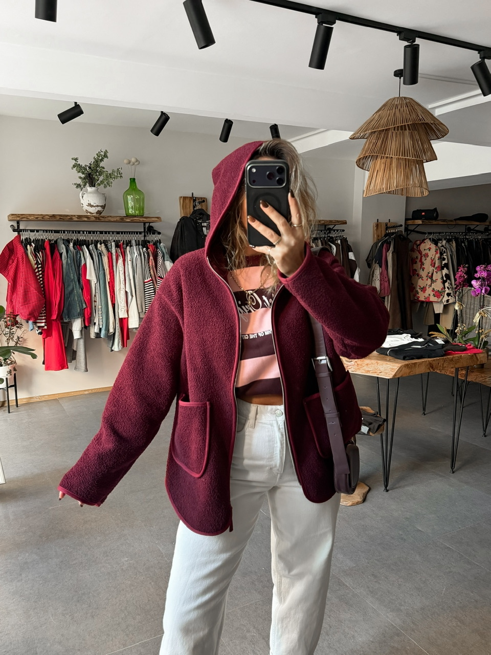 Bordo Kapşonlu Cepli Teddy Mont