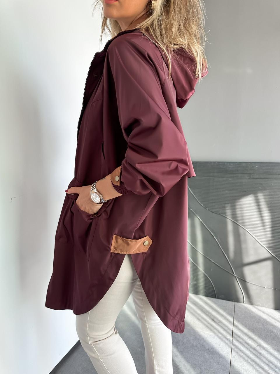 Bordo Kapşonlu Tasarım Premium Trençkot