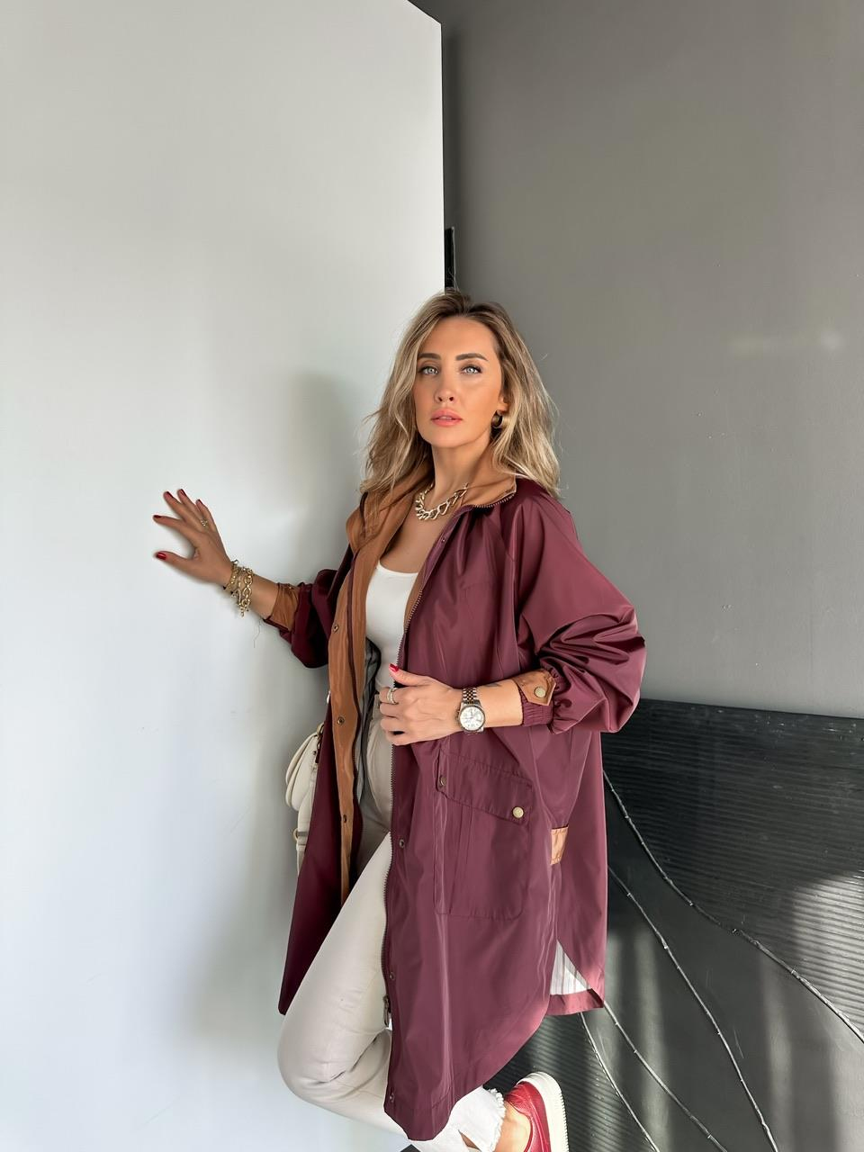 Bordo Kapşonlu Tasarım Premium Trençkot
