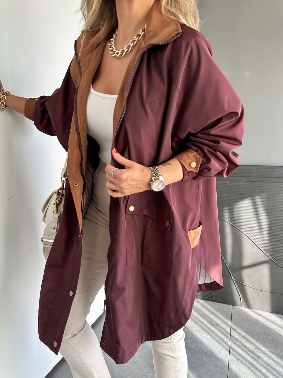 Bordo Kapşonlu Tasarım Premium Trençkot