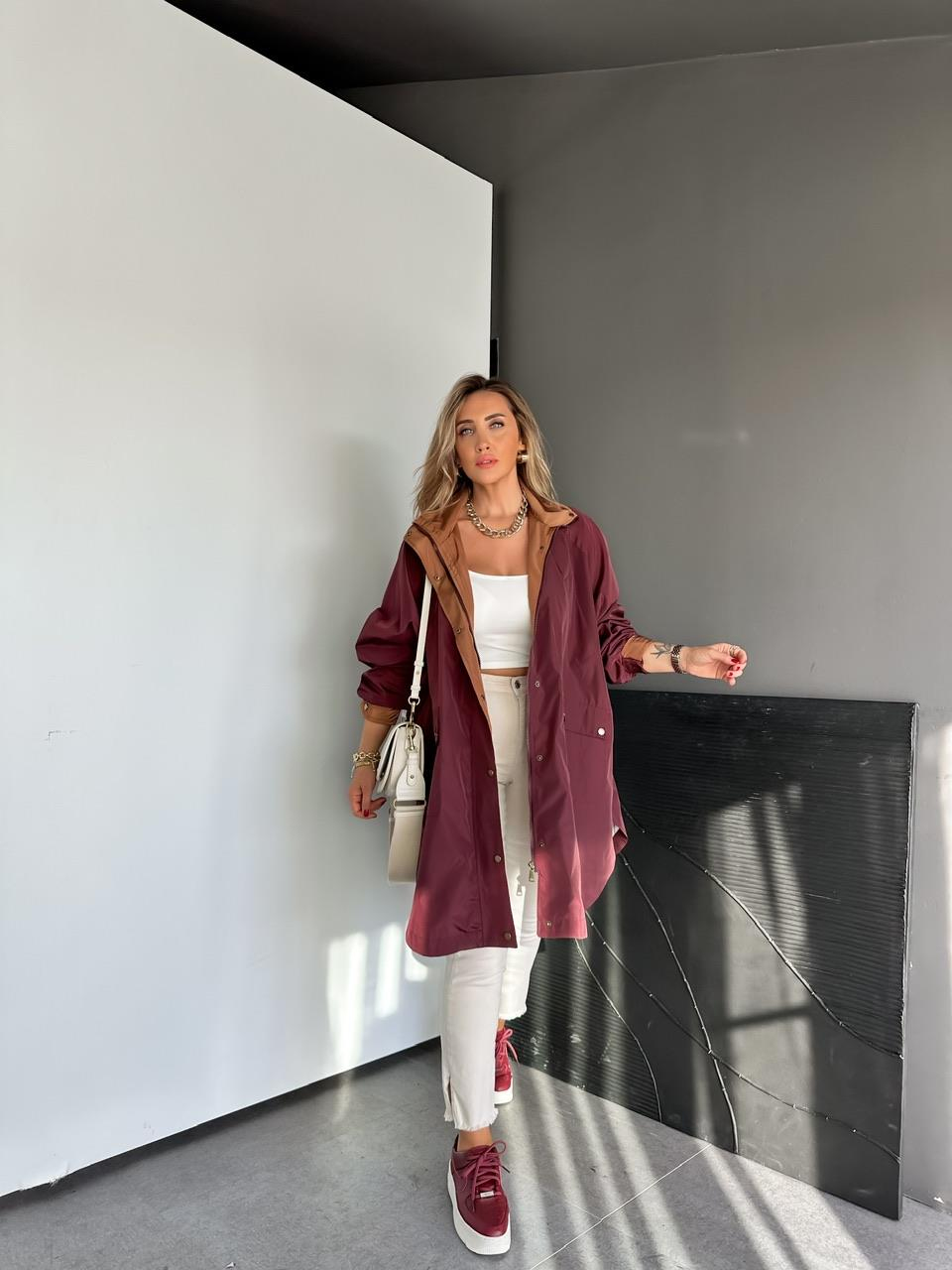 Bordo Kapşonlu Tasarım Premium Trençkot
